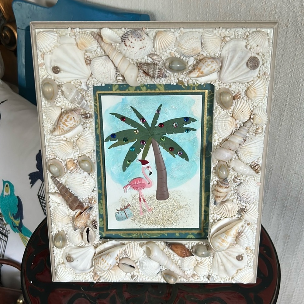 Vintage Framed Nautical-themed Palm Tree Pink Flamingo Christmas Scene